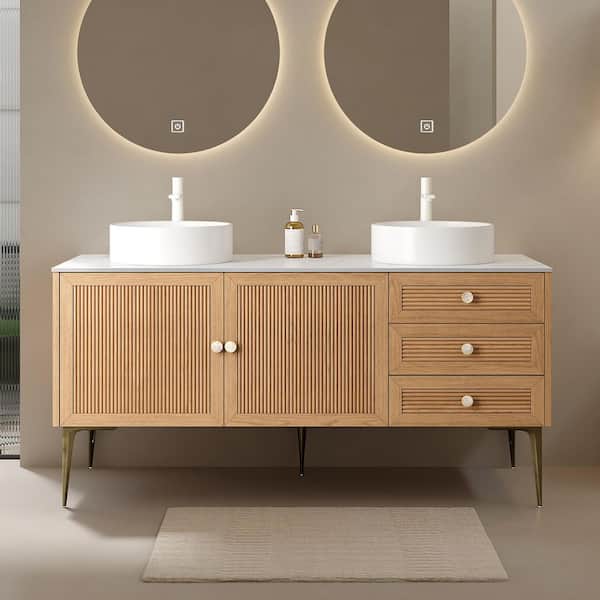 60 in. W x 22.05 in. D x 33.46 in. H Double Sinks Freestanding Bath Vanity in Oak with Carrara White Sintered Stone Top