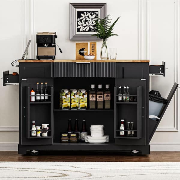 Ziyudura Rolling Black Wood Top 48.5 in. Kitchen Island Cart with