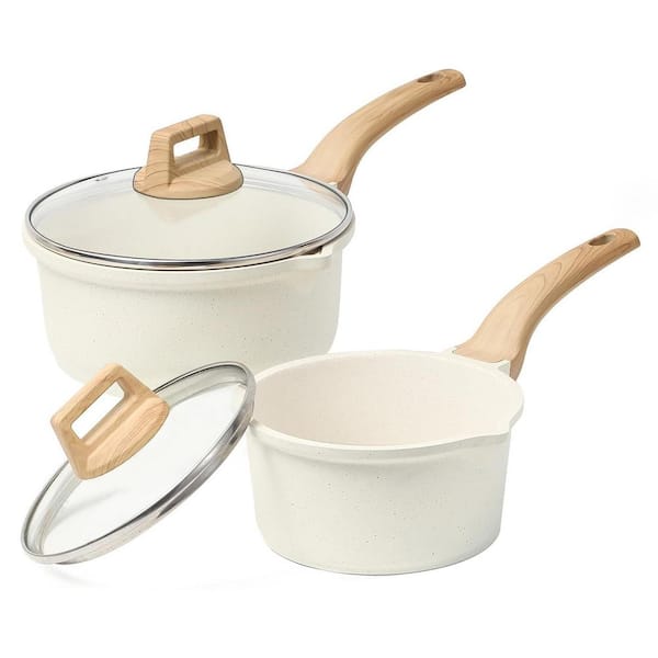 1.5qt & 3.0qt Granite Nonstick Sauce Pan Set in White with Lid and Pour Spout Easy Clean 4-Piece Pots Aluminum