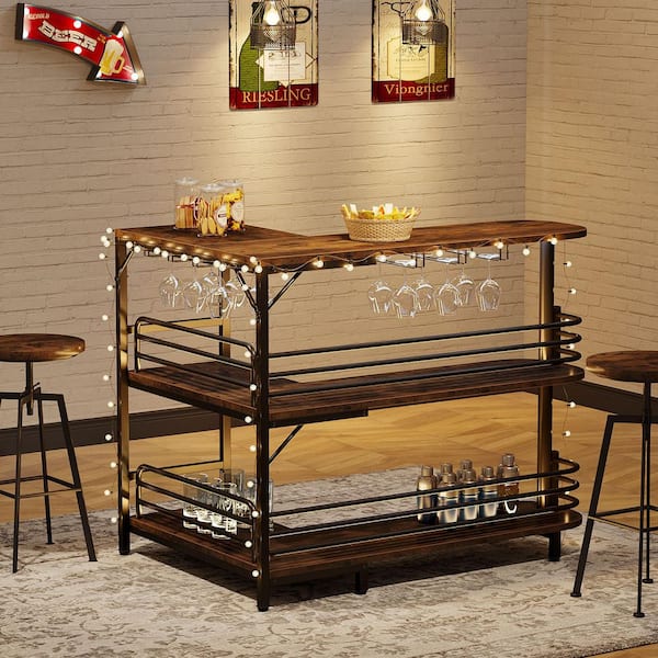 Kearsten Rustic Brown 47 in. W L-Shaped Home Bar Unit, Bar Cabinets, 3 Tier Liquor Bar Table with Storage Shelves