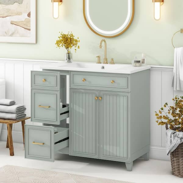 LORDEAR 35.43 in.W x 17.87 in.D x 33.31 in.H Freestanding Single Bathroom Vanity in Green with White Resin Sink Top