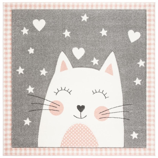 Carousel Kids Pink/Gray 7 ft. x 7 ft. Border Animal Print Square Area Rug