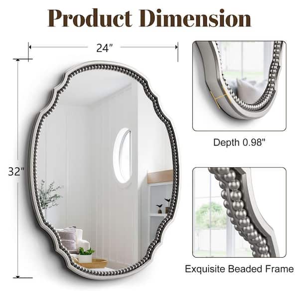 24 in. W x 32 in. H Scalloped Vintage Beaded Accent Wood Framed Wall Mounted Vanity Mirror in Silver