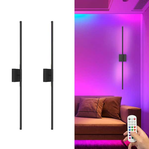 39 in. 1-Light Black RGB Battery Operated Integrated LED Wall Sconce with Remote, Removable Battery Compartment (2-Pack)