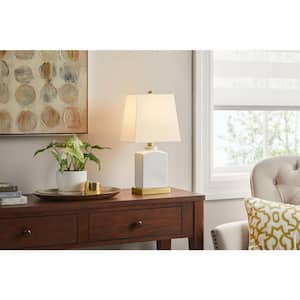Oakman 18.5 in. Ceramic White Indoor Table Lamp with White Fabric Shade