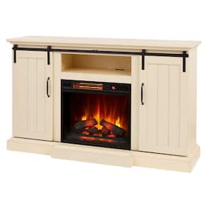 Kerrington 60 in. Freestanding Media Console Electric Fireplace with Sliding Barn Door in Ivory