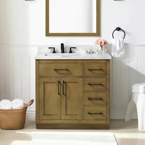 Athea 36 in. W x 22 in. D x 34 in. H Single Sink Bath Vanity in Almond Latte with White Engineered Marble Top and Outlet