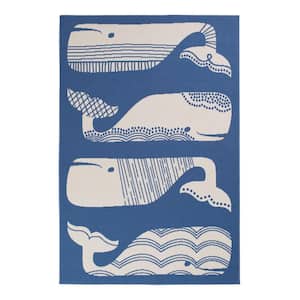 Patterned Whales Blue/Cream 6 ft. 7 in. x 9 ft. 6 in. Nautical Polypropylene Indoor/Outdoor Area Rug