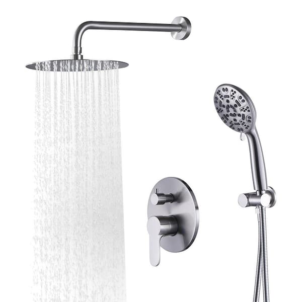 IVIGA 9-Spray 10 in. Wall Mounted Round Fixed Shower Head and Handheld Shower Head with 1.8 GPM Brass Valve in Brushed Nickel