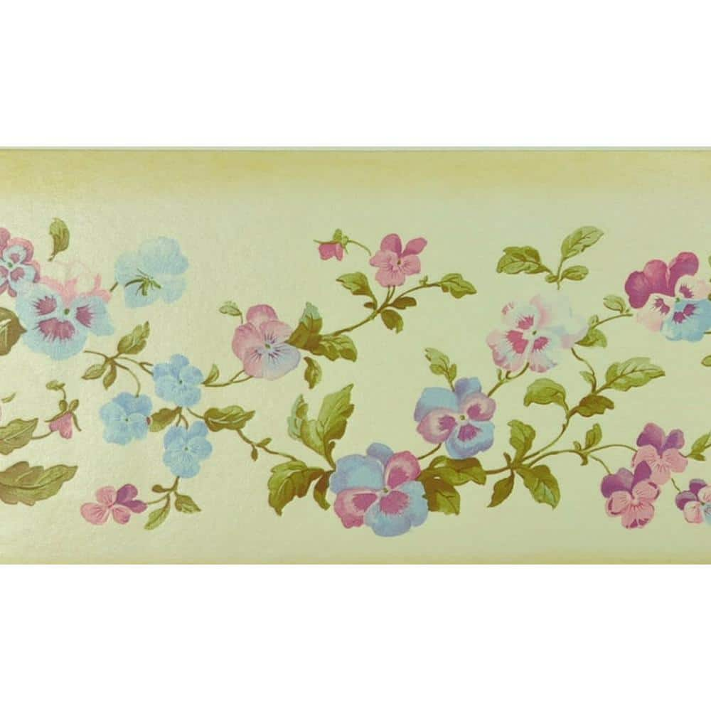 Falkirk Brin Garden Pansies On Vine Beige, Green, Pink, Blue Wallpaper Border -  Dundee Deco, BD6194