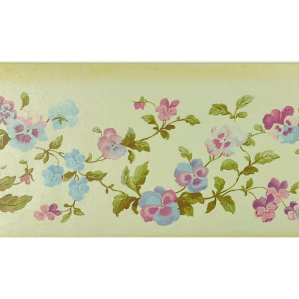 Dundee Deco Falkirk Brin Garden Pansies On Vine Beige, Green, Pink, Blue Wallpaper Border