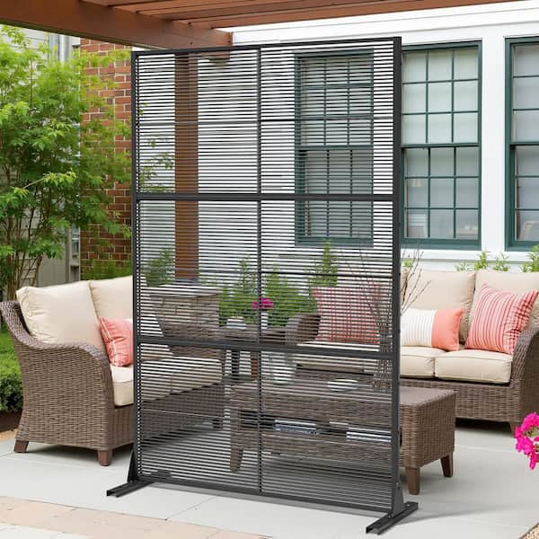 47 in. x 72 in. Black Rattan Wall Panels Outdoor Metal Privacy Screen Woven Fence Panel Room Divider Patio Trellis