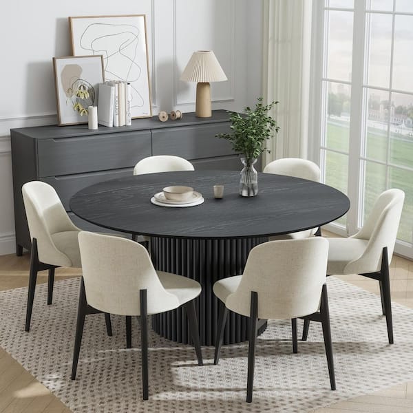 Round Black Wood 60 in. W Column Base Dining Table Seats 6