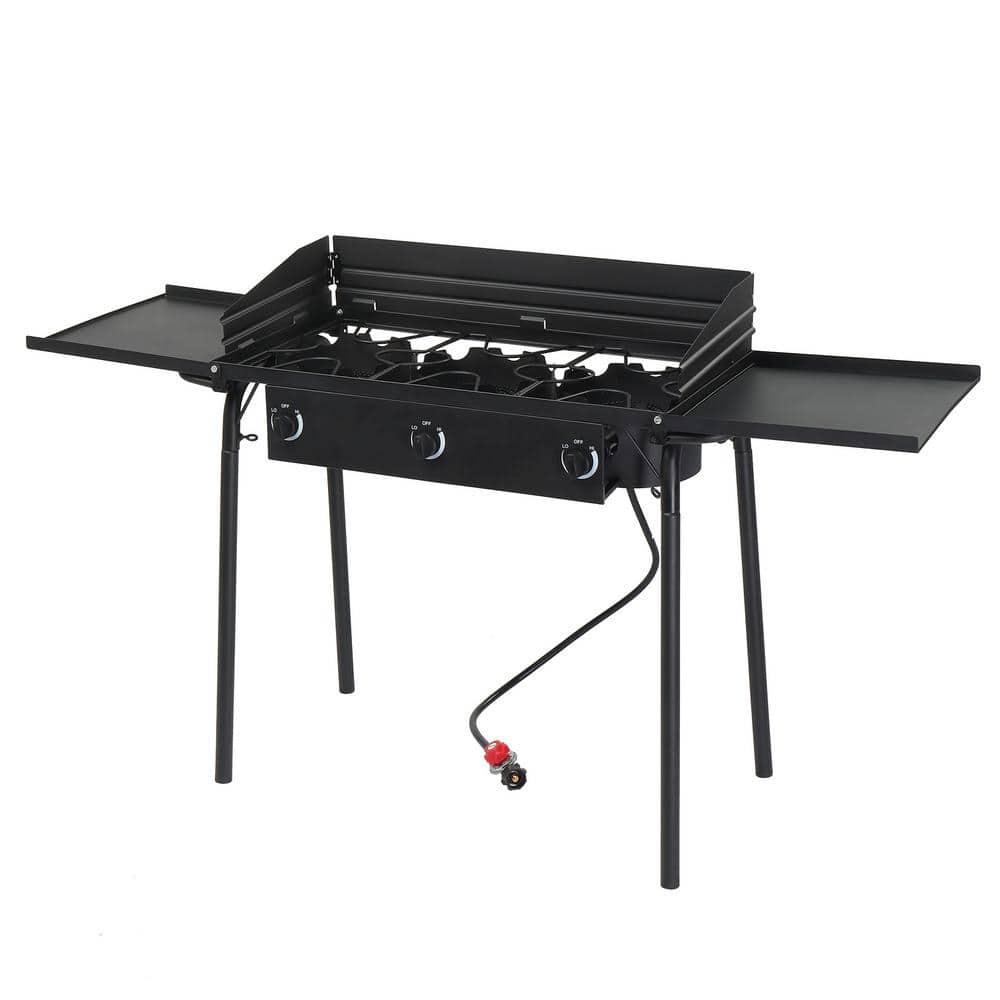 Portable Black 3-Burner Propane Gas Grill with Folding Shelves