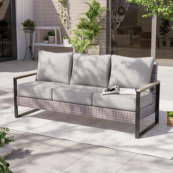 1-Piece Patio Conversation Set 3 Seater Sofa All-Weather PE Rattan Gray Wicker with Linen Grey Cushion