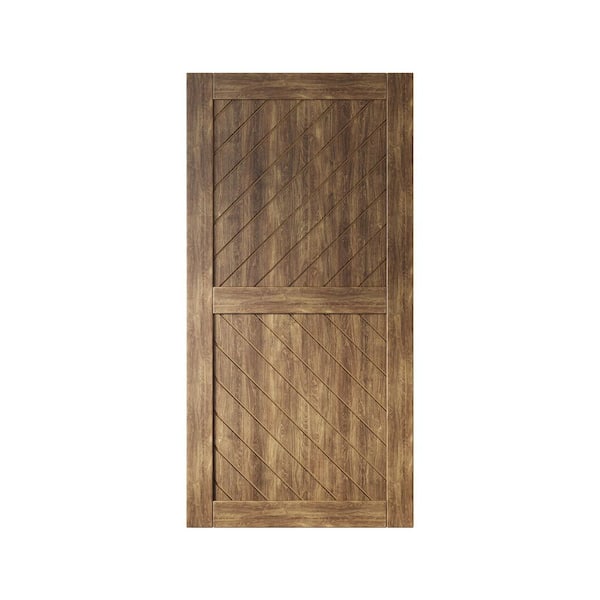 HOMACER XT3 32 in. x 80 in. C-Panel Solid Core Dark Walnut Slanted Stripe Design Pine Wood Interior Sliding Barn Door Slab