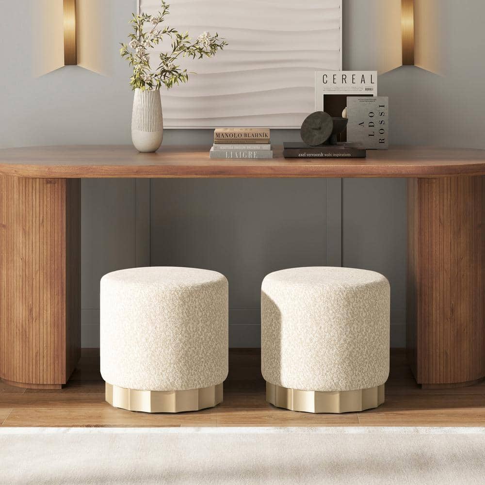 Hampton 18" Round Beige Chenille Upholstered Ottoman with Scalloped Base