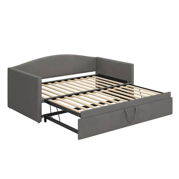 Gray Twin to King Size Velvet Upholstered Daybed with Extended Pop-Up Trundle
