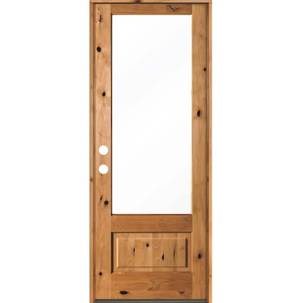Krosswood Doors 36 in. x 96 in. Farmhouse Knotty Alder Right-Hand/Inswing 3/4 Lite Clear Glass Clear Stain Wood Prehung Front Door