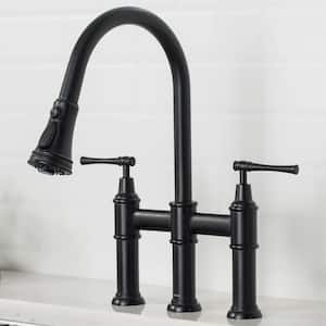 Allyn Double Handle Transitional Bridge Kitchen Faucet with Pull-Down Sprayhead in Matte Black