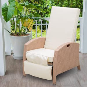 Beige Adjustable Recliner Plastic Rattan Outdoor Lounge Chair with White Cushions & Drink Tray
