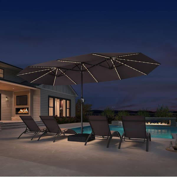 PURPLE LEAF 15 ft. Solar LED Lights Market Umbrella with Double Sided Outdoor Patio Umbrellas with Base in Gray