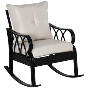 Black Wicker Aluminum Outdoor Rocking Chair with Padded Navy Khaki Cushions, Rattan Porch Rocker Chair with Armrest