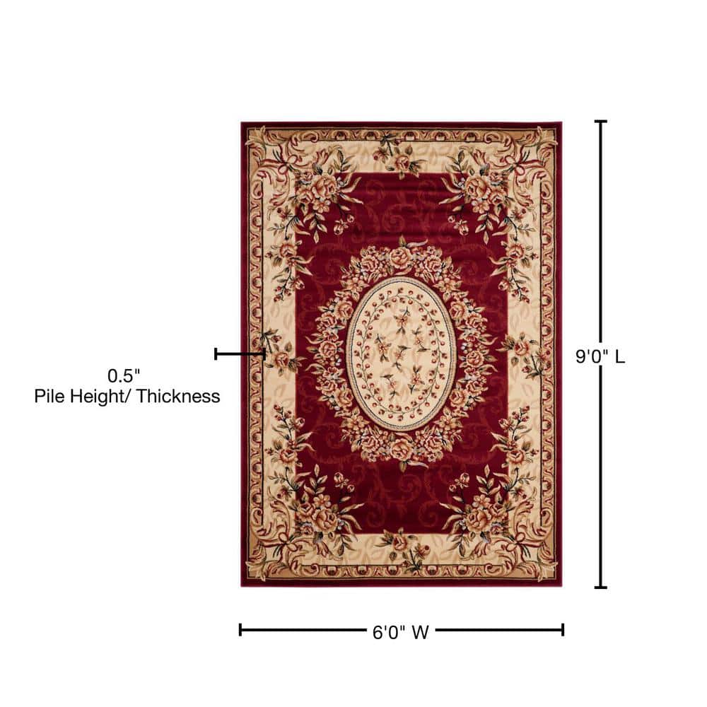 Red and Ivory Floral Synthetic 6' x 9' Area Rug