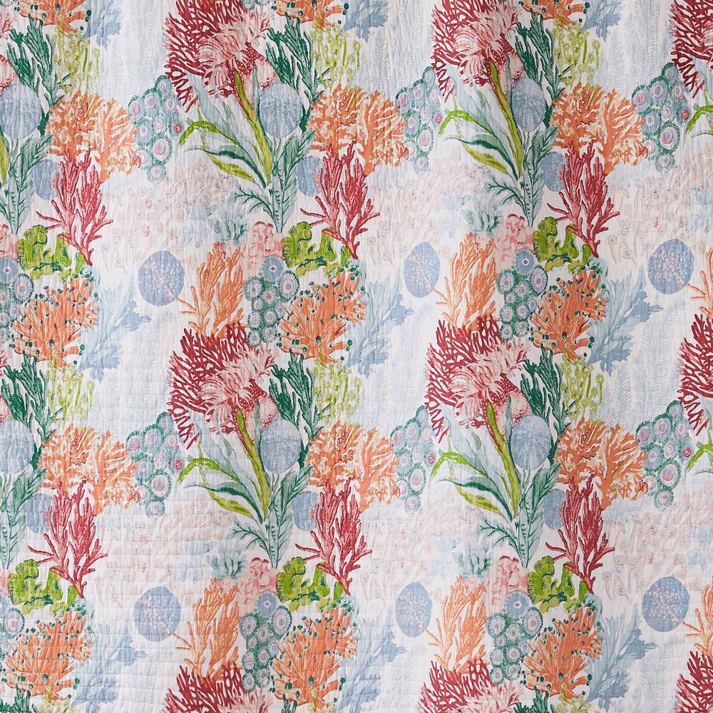 Caribbean Coral King Cotton Quilt Set with Reversible Blue Trellis Design