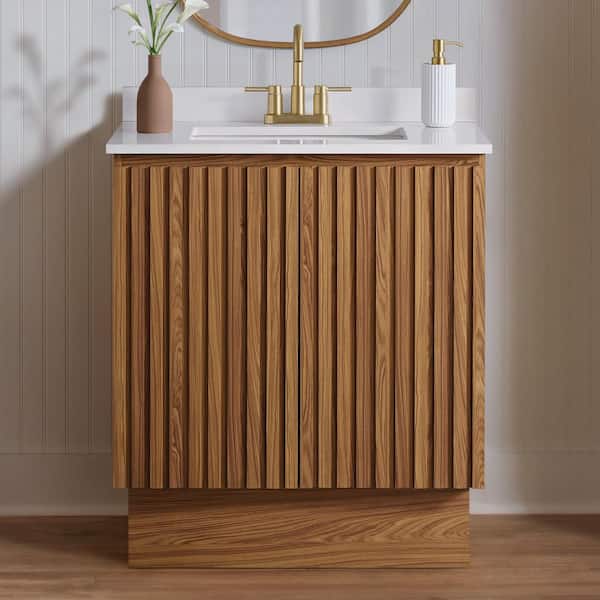 Precine 31 in. Single Sink Natural Teak Bath Vanity with White Cultured Marble Top (Assembled)