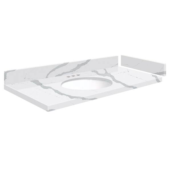 Transolid Silestone 48.75 in. W x 22.25 in. D Quartz White Round Single Sink Vanity Top in Bianco Calacatta