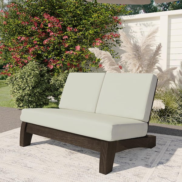 Uixe Acacia Wood Teak Frame Outdoor Club Armless Loveseat with Beige Cushions (Set of 1)