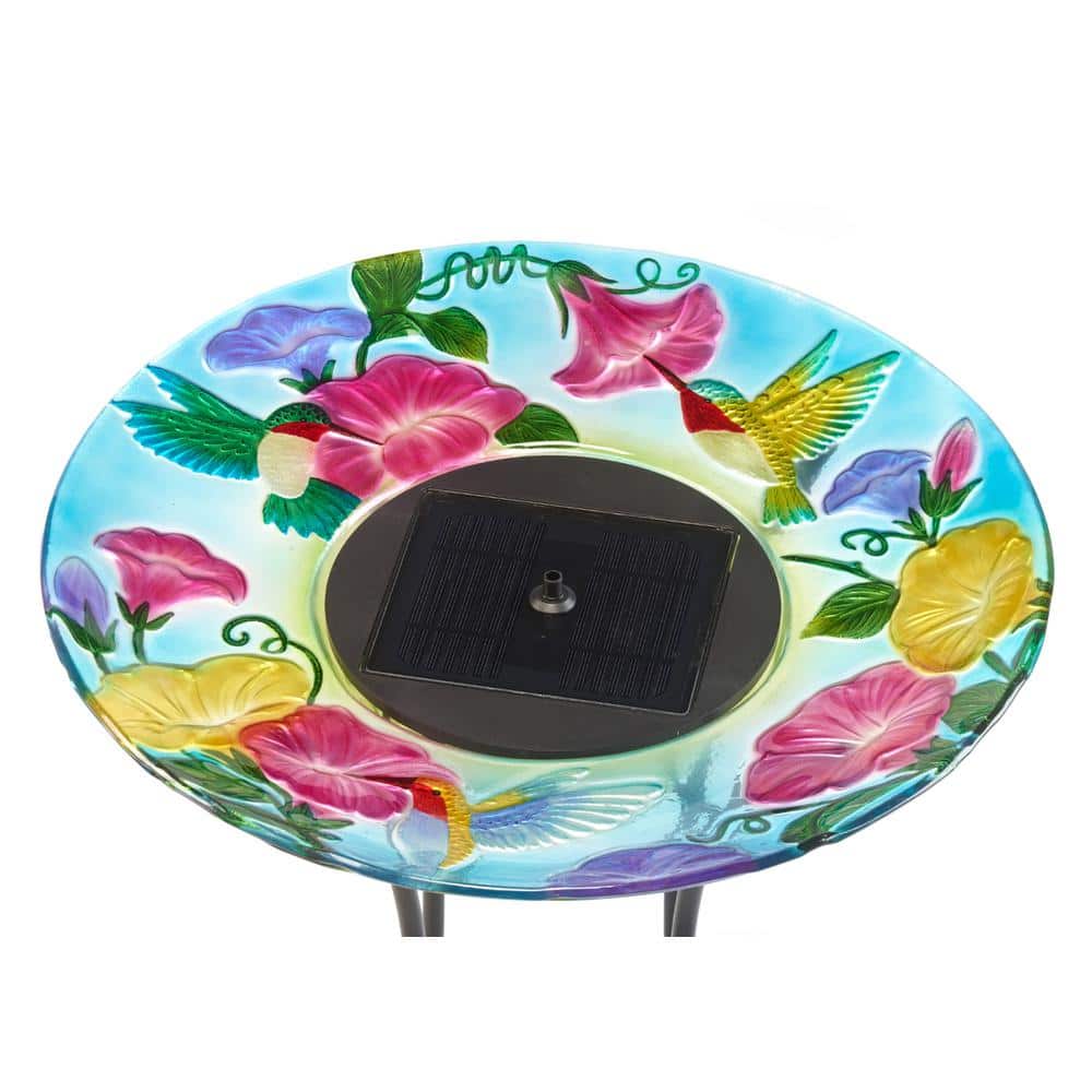 Hummingbird Hand-Painted Glass Solar Birdbath with Steel Stand