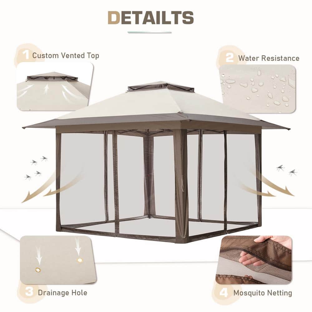 Beige and Brown Metal Pop-Up Patio Gazebo with Mosquito Netting