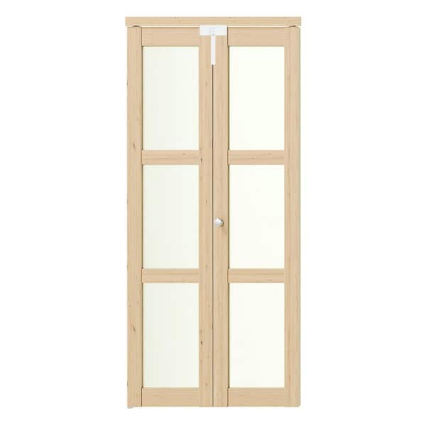 36 in. x 80 in. 3-Lite Frosted Glass Solid Core Light Brown Pine Wood Bi-fold Doors with Locks, Handles and Accessories