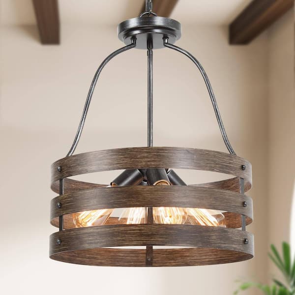 LNC Farmhouse Drum Chandelier, 4-Light Gray Brown Modern Rustic Round Cage Pendant Chandelier with Faux Wood Accents
