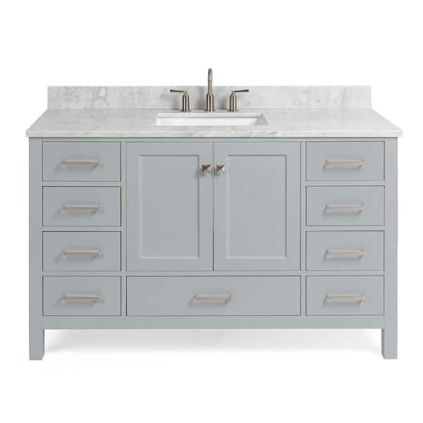 Cambridge 55 in. W x 22 in. D x 35.25 in. H Bath Vanity in Grey with White Marble Vanity Top