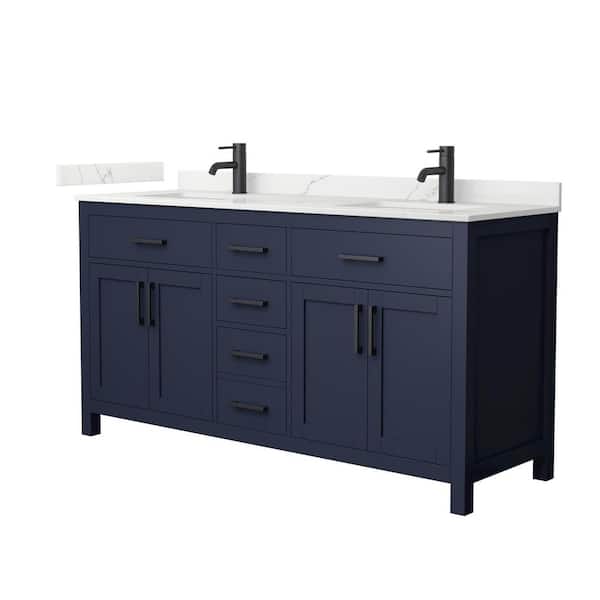 Beckett 66 in. Double Freestanding Dark Blue Bath Vanity with Giotto Quartz Top (Assembled)