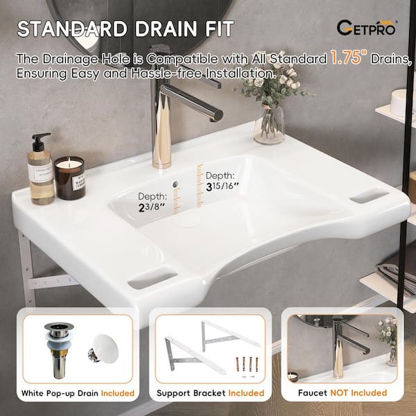 29.5 in Wall-Mounted ADA Compliant Barrier-Free Rectangular Bathroom Sink Lavatory Vessel Ceramic Sink in Glossy White