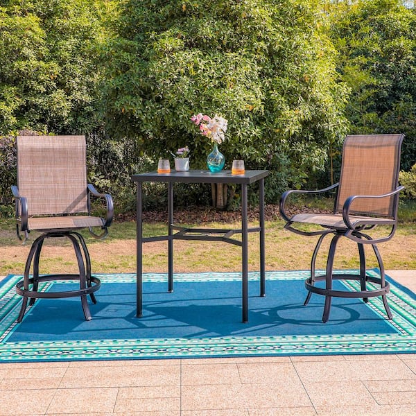 PHI VILLA 3-Piece Metal Outdoor Bar Height Dining Set with Straight-Leg Square Table and Textilene Swivel Bar Stools