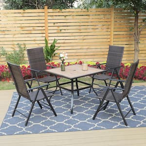 Black 5-Piece Metal Wood-Look Square Table Patio Outdoor Dining Set with Folding Reclining Rattan Chairs