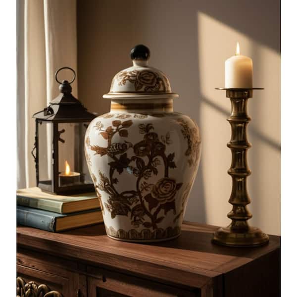 Brown 11.75 in. Ceramic Chinoiserie Bird and Vines Temple Jar