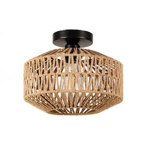 11.8 in. 1-Light Brown Rattan LED Semi-Flush Mount Light with Dimmable LED Bulb