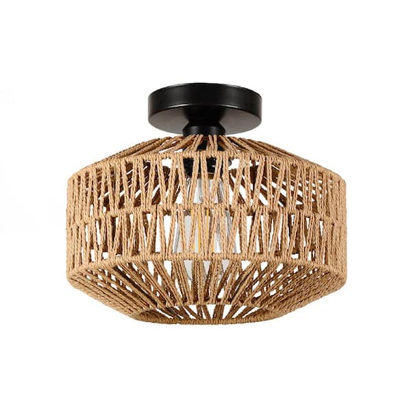 Tatahance 118 In 1 Light Brown Rattan Led Semi Flush Mount Light With Dimmable Led Bulb 4936