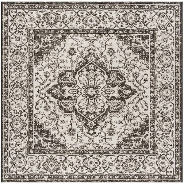 SAFAVIEH Beach House Light Gray/Charcoal 7 ft. x 7 ft. Square Oriental Indoor/Outdoor Patio  Area Rug