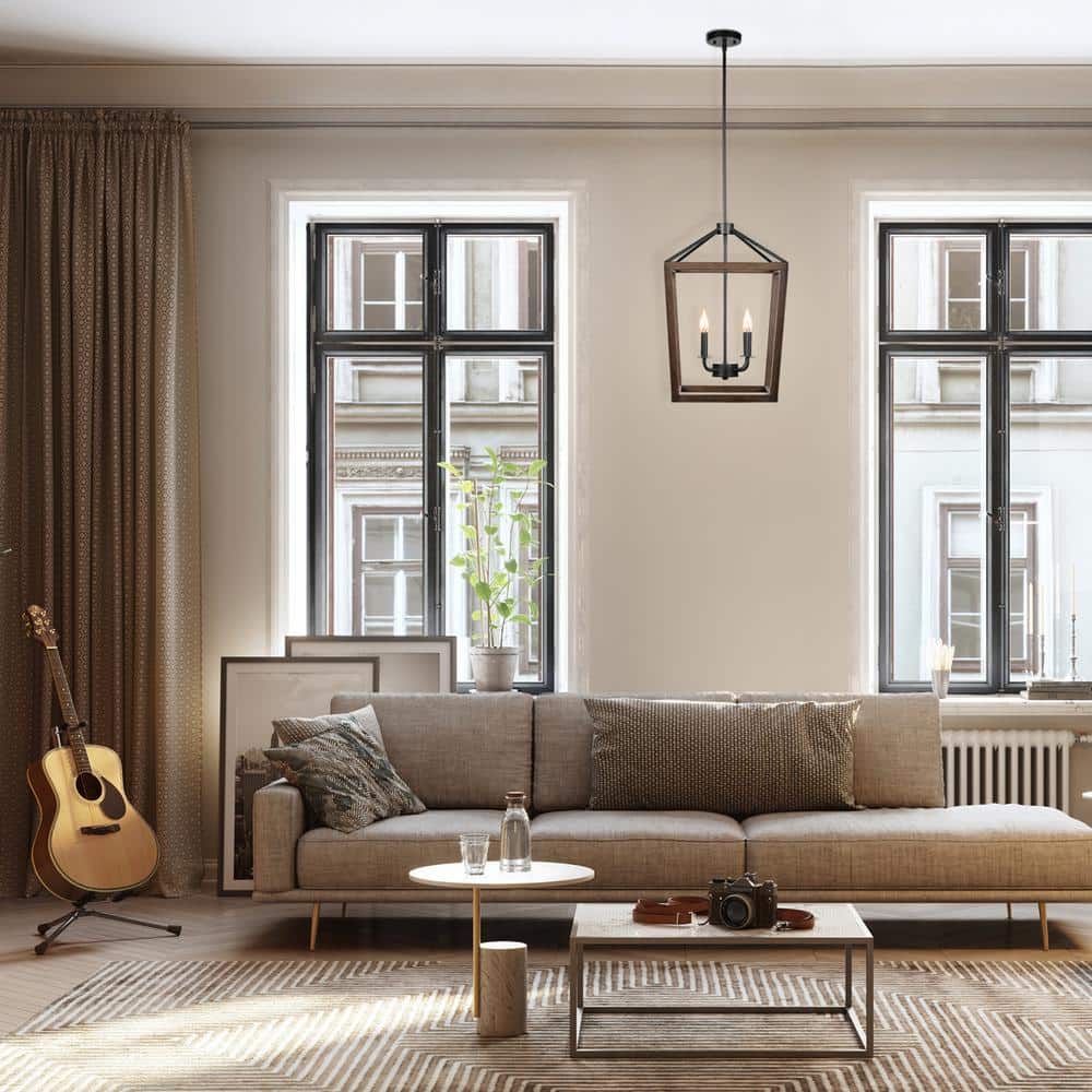 Matte Black and Faux Wood 4-Light Pendant