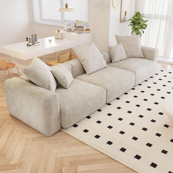 J&E Home 141.7 in. Square Arm Corduroy 3-Piece Modular Living Room Sectional Sofa with Deep Seat in Beige