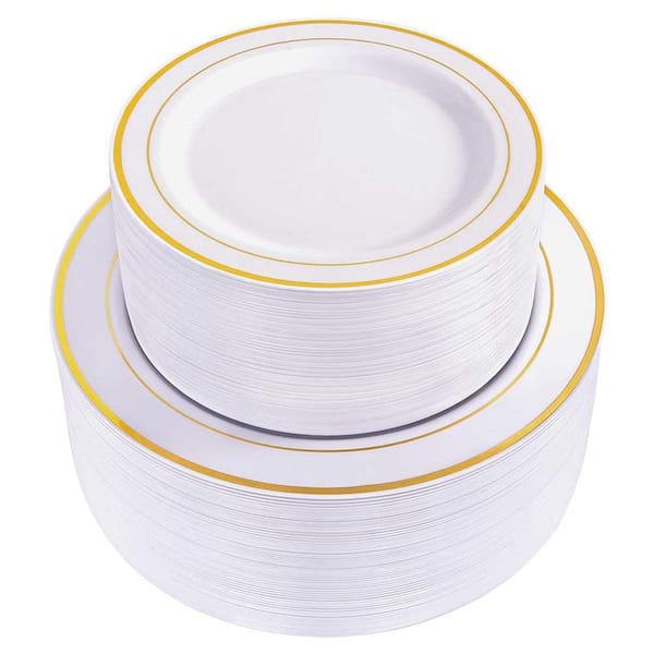 Gold Rimmed White Disposable Dinner and Salad Plates Set for Event, 60 Dinner 60 Salad, 10.25 in/7.5