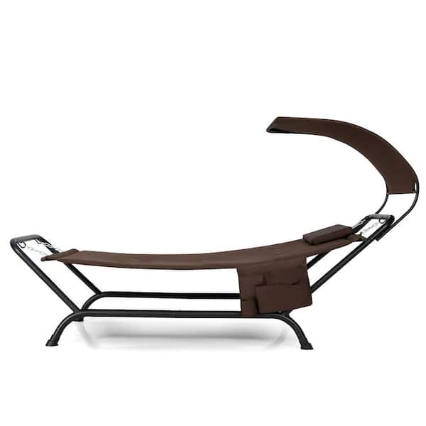 Gymax Brown Outdoor Chaise Lounge Bed with Detachable Sunshade Canopy Hammock with Rustproof Metal Stand