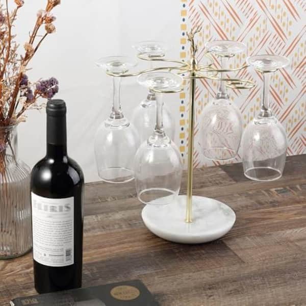 Marble Finish Freestanding Tabletop Wine Glass Rack 6 Hooks Stemware Organizer for Kitchen Bar Dining Room